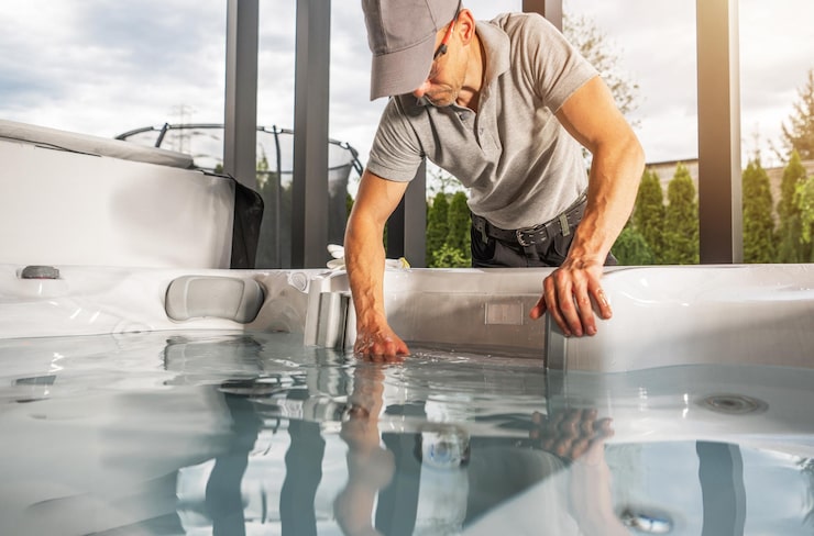 man maintaining hot tub outdoors sunny afternoon modern residential backyard_1426 25610